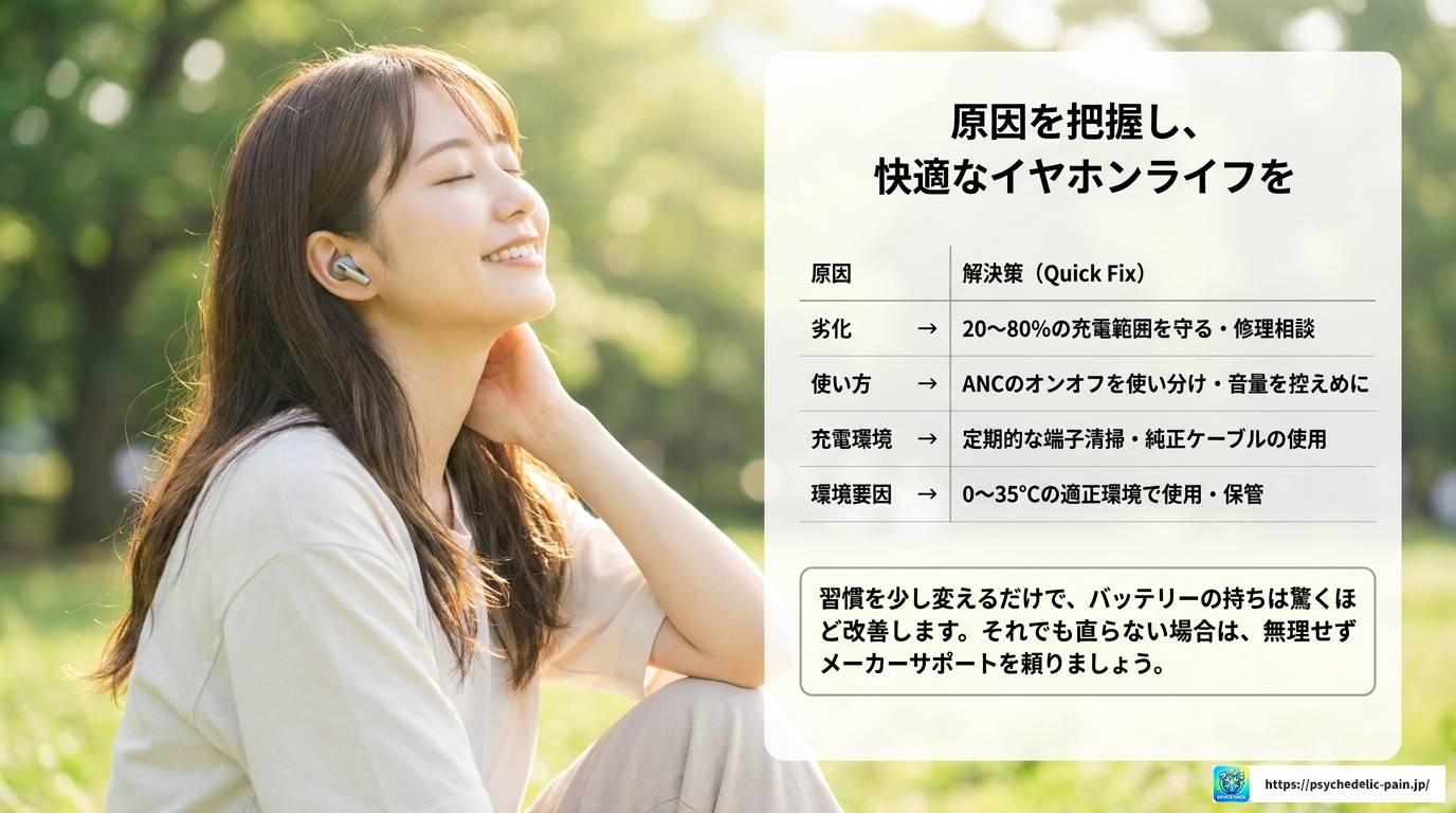 ワイヤレスイヤホンのバッテリーがすぐ切れる原因と対策
